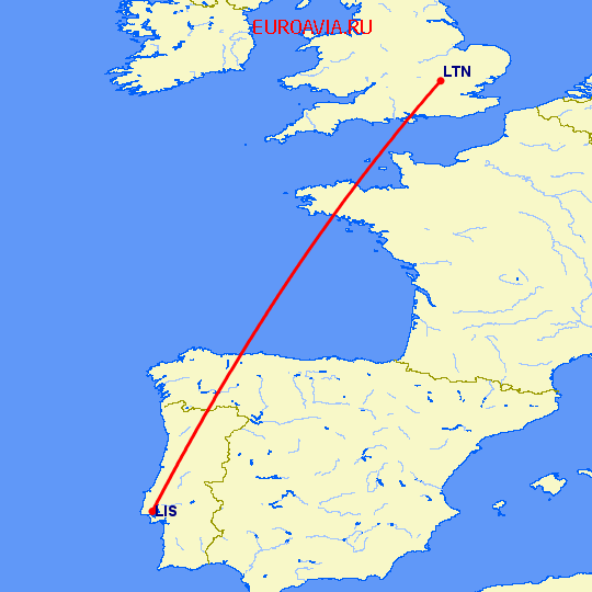 перелет Лиссабон — Luton на карте