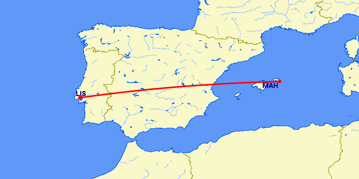 перелет Лиссабон — Менорка на карте
