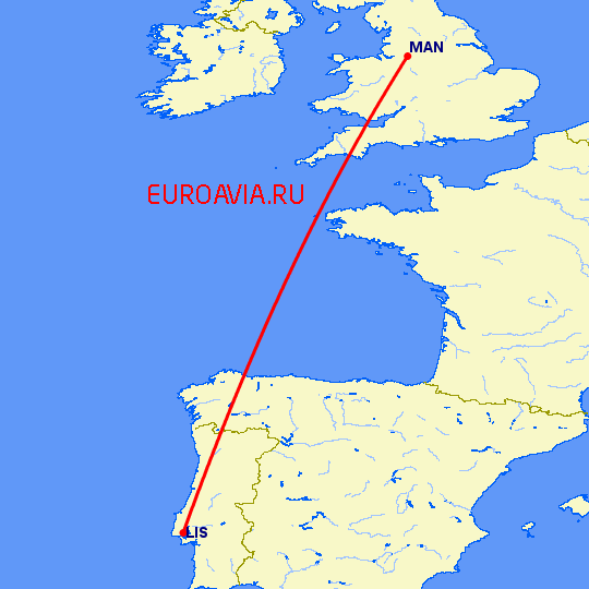 перелет Лиссабон — Манчестер на карте