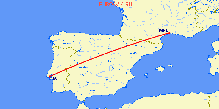 перелет Лиссабон — Монпелье на карте