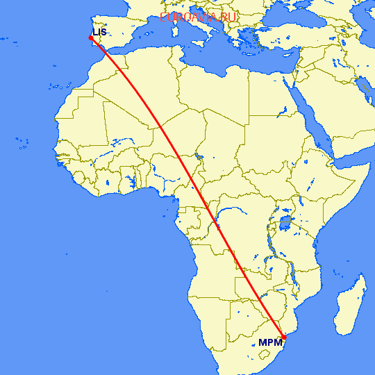 перелет Лиссабон — Мапуту на карте