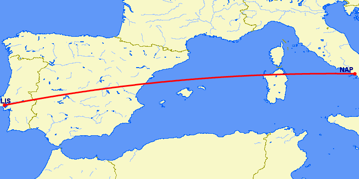 перелет Лиссабон — Неаполь на карте