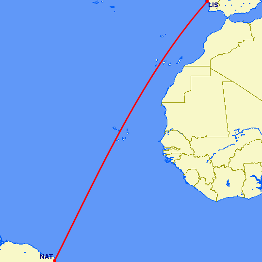 перелет Лиссабон — Наталь на карте