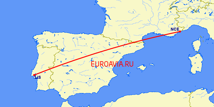 перелет Лиссабон — Ницца на карте