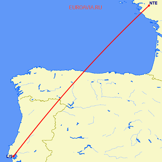 перелет Лиссабон — Нант на карте