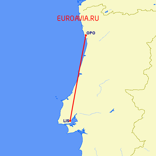 перелет Лиссабон — Порту на карте