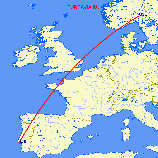перелет Лиссабон — Осло на карте