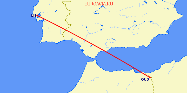перелет Лиссабон — Уджда на карте