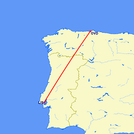 перелет Лиссабон — Овьедо-Авилес на карте