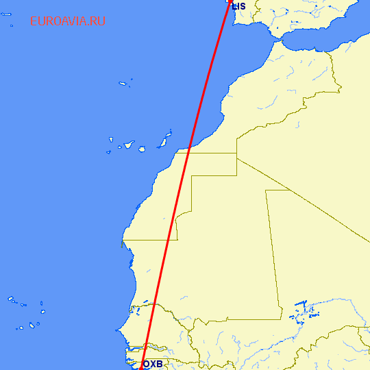 перелет Лиссабон — Bissau на карте