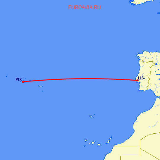 перелет Лиссабон — Pico Island на карте