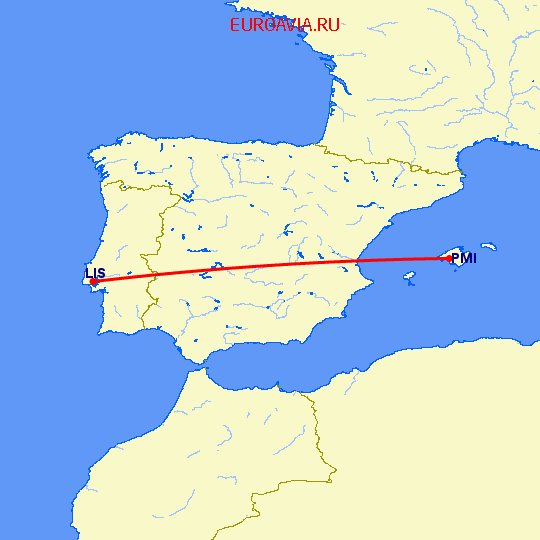 перелет Лиссабон — Пальма де Майорка на карте