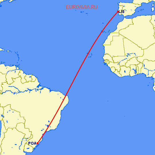 перелет Лиссабон — Порто Алегре на карте