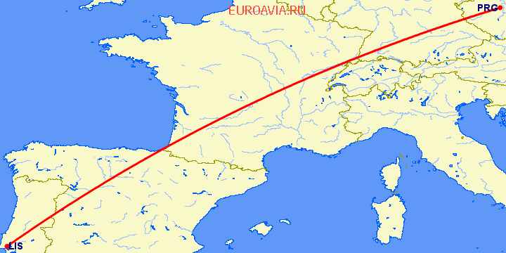 перелет Лиссабон — Прага на карте