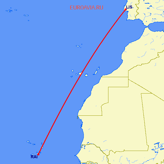 перелет Лиссабон — Praia на карте