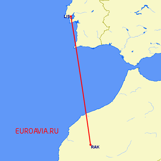 перелет Лиссабон — Марракеш на карте