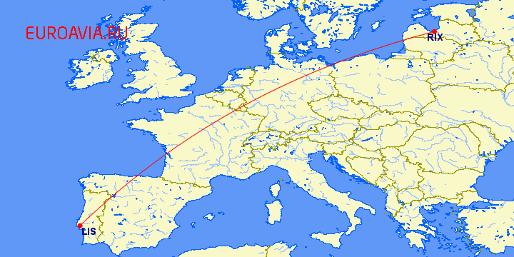 перелет Лиссабон — Рига на карте