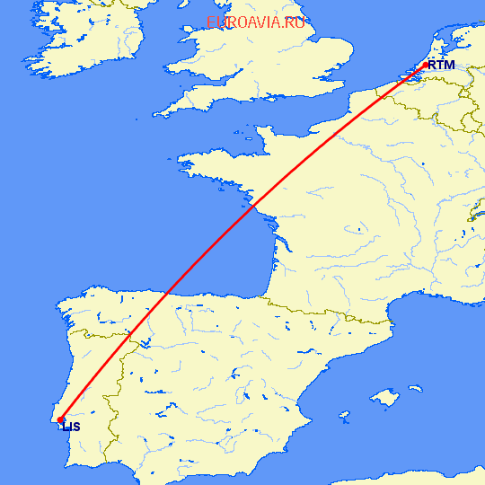 перелет Лиссабон — Роттердам на карте