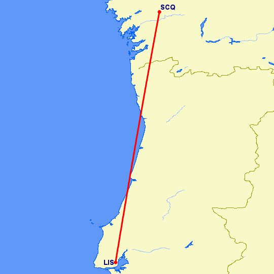 перелет Лиссабон — Сантьяго де Компостела на карте