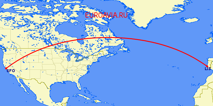 перелет Лиссабон — Сан Франциско на карте
