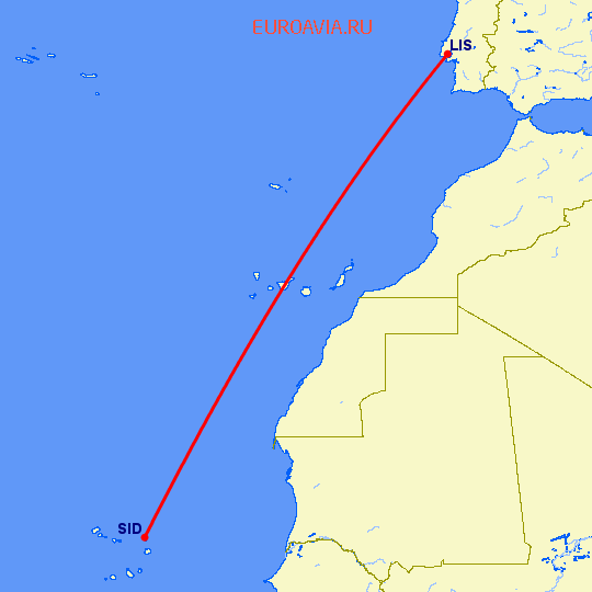 перелет Лиссабон — Sal на карте