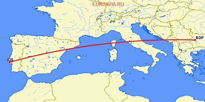 перелет Лиссабон — София на карте