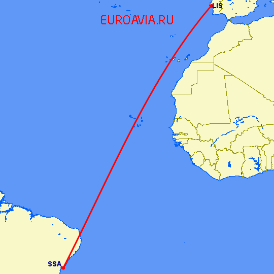перелет Лиссабон — Сальвадор на карте