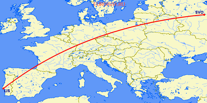 перелет Лиссабон — Москва на карте