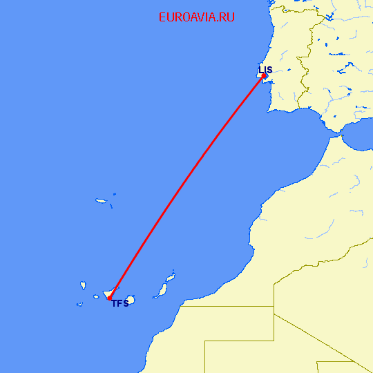 перелет Лиссабон — Тенерифе на карте