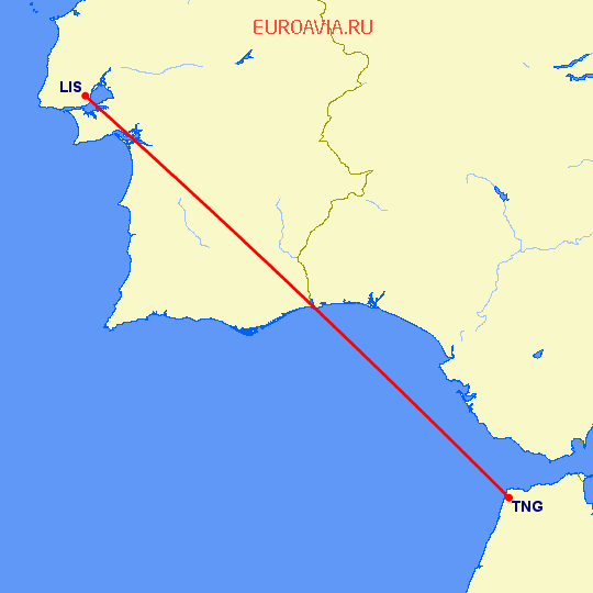 перелет Лиссабон — Танжер на карте