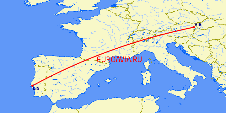 перелет Лиссабон — Вена на карте