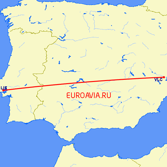 перелет Лиссабон — Валенсия на карте