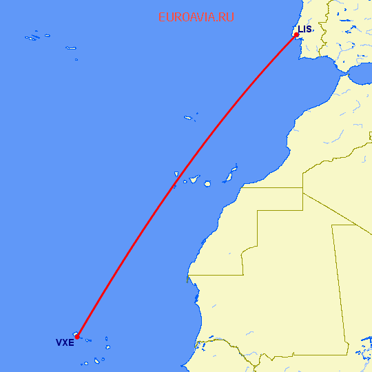 перелет Лиссабон — Sao Vicente на карте