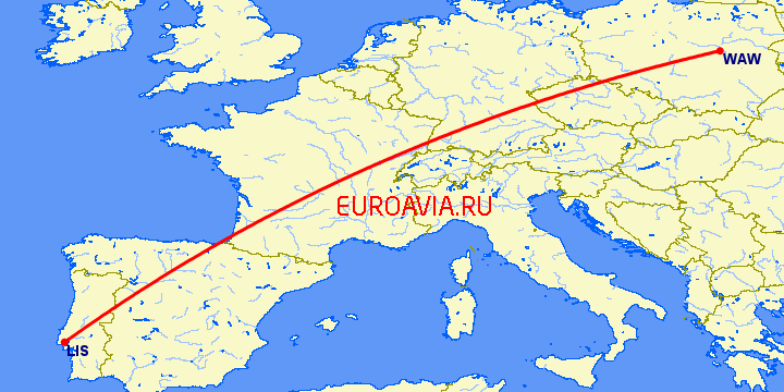 перелет Лиссабон — Варшава на карте