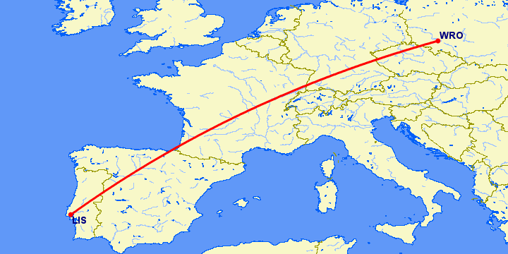 перелет Лиссабон — Вроцлав на карте