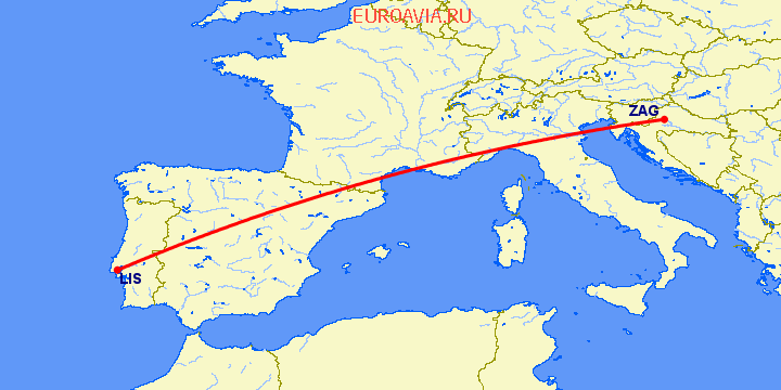 перелет Лиссабон — Загреб на карте