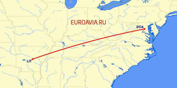 перелет Литл Рок — Вашингтон на карте