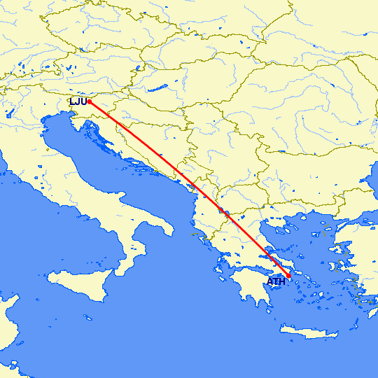 перелет Любляна — Афины на карте