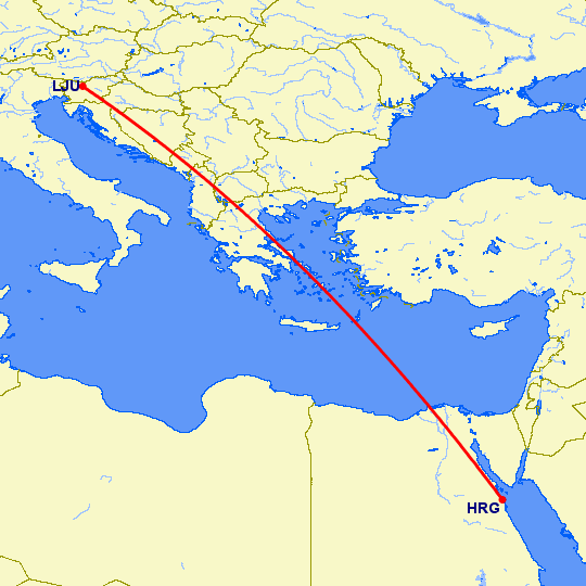 перелет Любляна — Хургада на карте