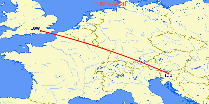 перелет Любляна — Лондон на карте