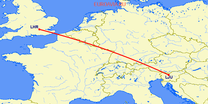 перелет Любляна — Лондон на карте