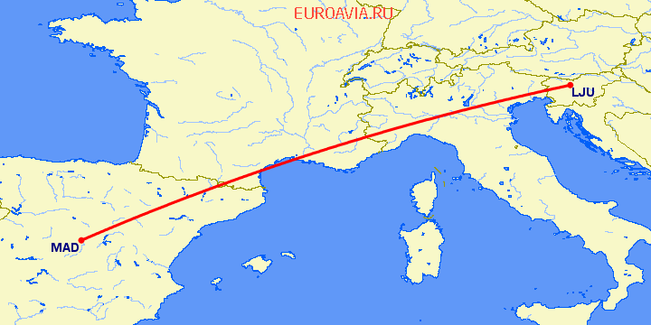 перелет Любляна — Мадрид на карте