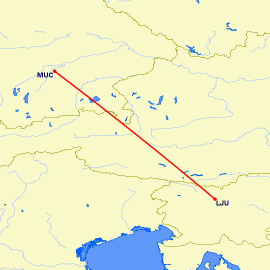 перелет Любляна — Мюнхен на карте