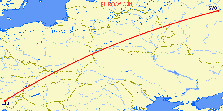 перелет Любляна — Москва на карте