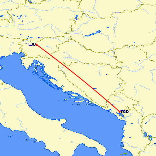 перелет Любляна — Подгорица на карте