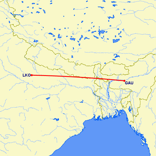 перелет Лакнау — Gawahati на карте