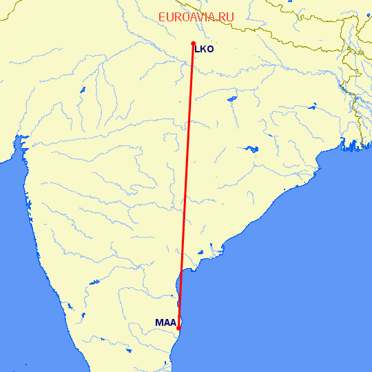 перелет Лакнау — Мадрас Ченнай на карте