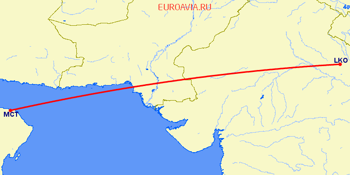 перелет Лакнау — Маскат на карте
