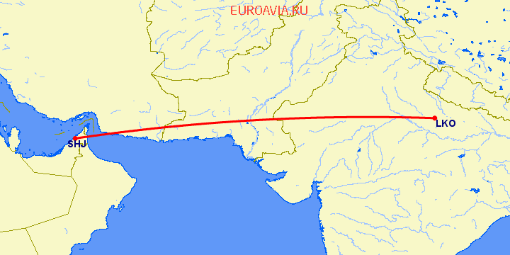 перелет Лакнау — Шарджа на карте