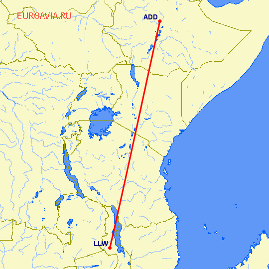 перелет Lilongwe — Аддис Абеба на карте